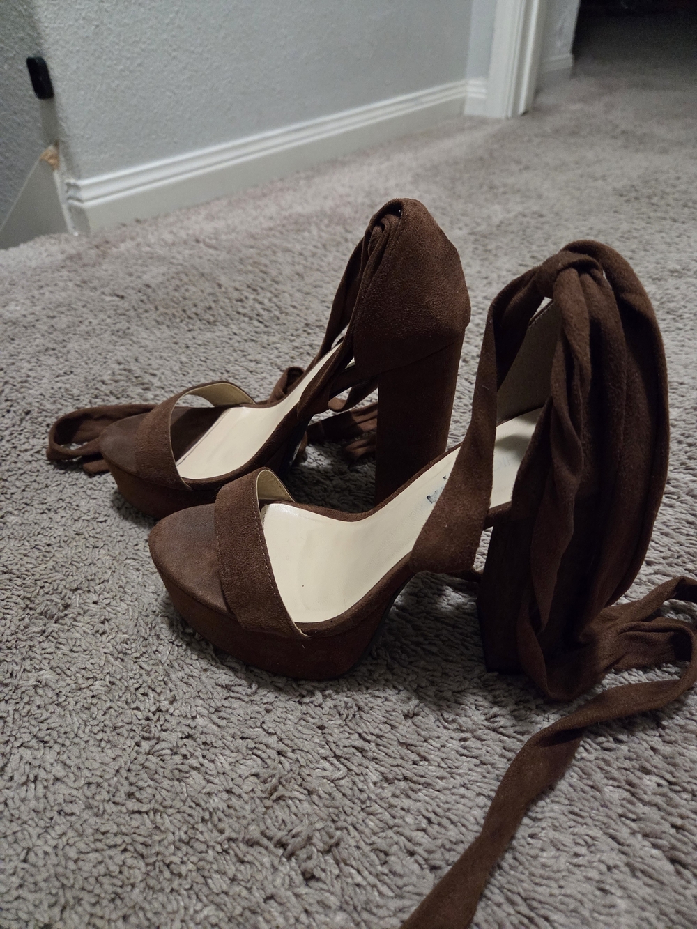 Fashion Nova Brown Suede Platform Ankle Tie Heels